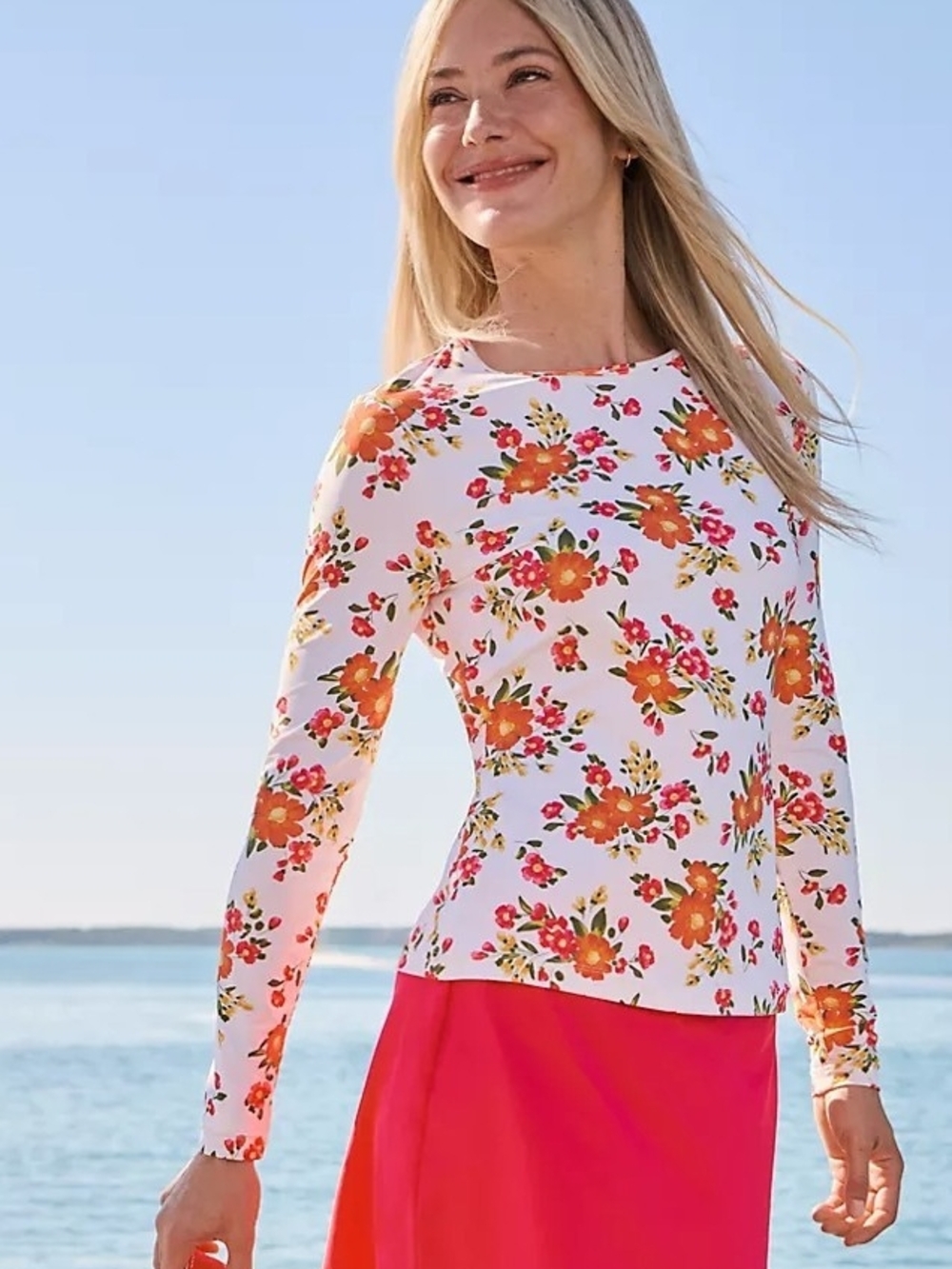NWOT Floral Long-Sleeve Crew Neck Top, UPF 50